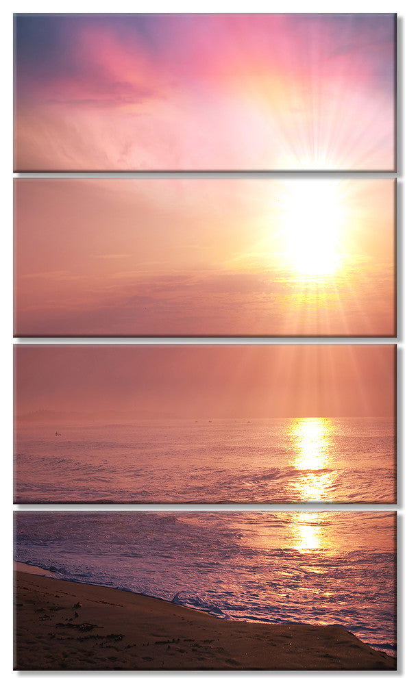 Purple Tinged Seashore At Sunset, Seashore Canvas Art Print, 28"x48", 4 Panels