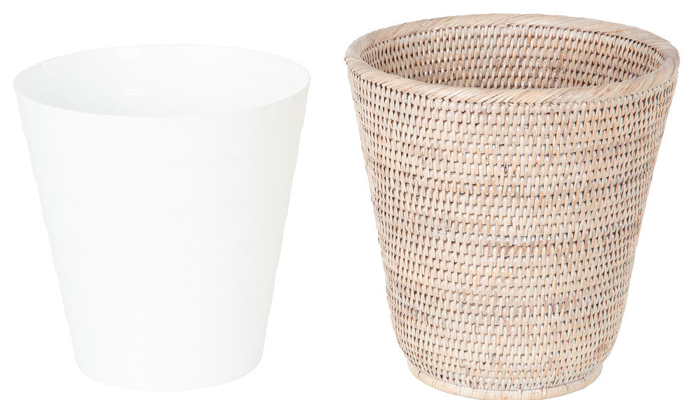La Jolla Rattan Waste Basket With Plastic Insert, White Wash