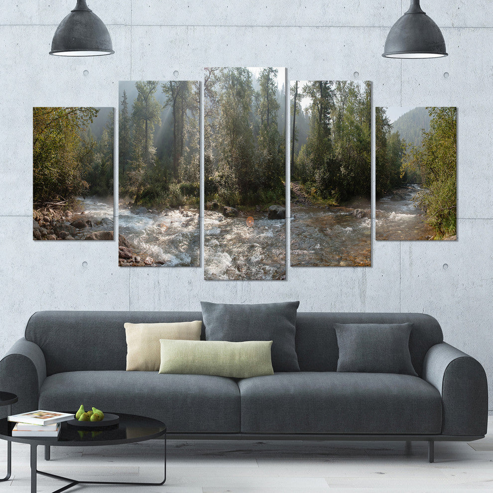 Mountain River Panorama, Landscape Canvas Art Print, 60"x32", 5 Panels