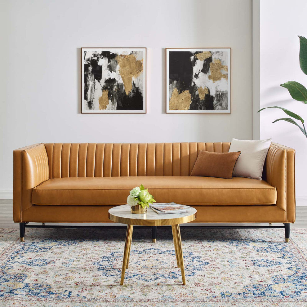 Tufted Sofa, Faux Vegan Leather, Tan, Modern, Living Lounge Hotel Hospitality