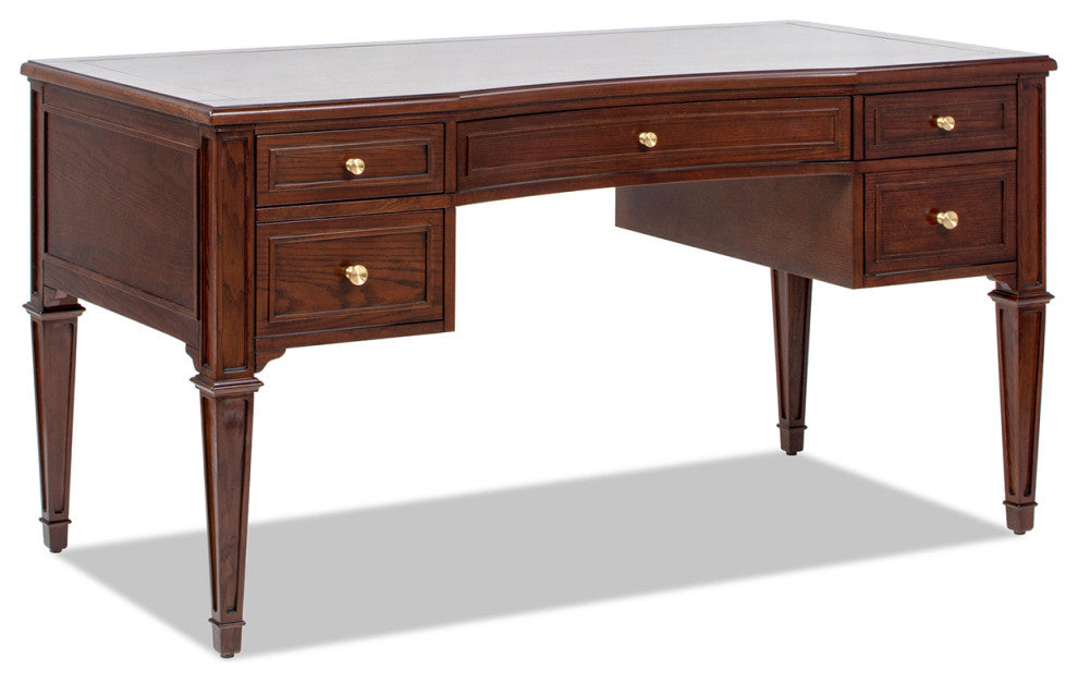 Dauphin 59" Ash Wood Gold Accent 5-Drawer Executive Desk, Walnut Brown Wood