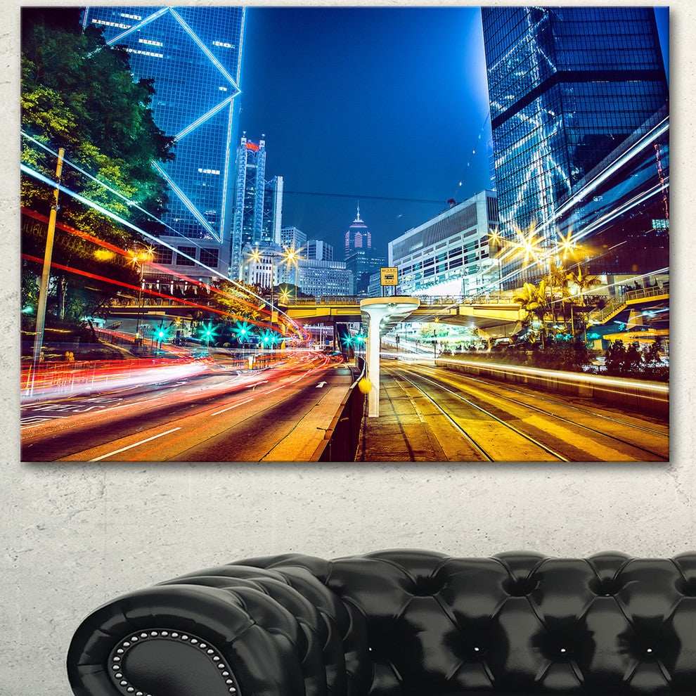 Hong Kong City Night Scene, Large Cityscape Art Print on Canvas, 60"x28"
