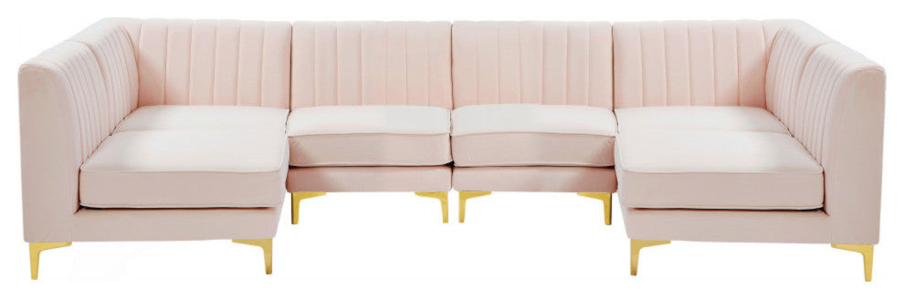 Alina Velvet Modular U-Shaped Sectional, Pink, 6-Piece: 4 Armless Chair, 2 Corner Chair