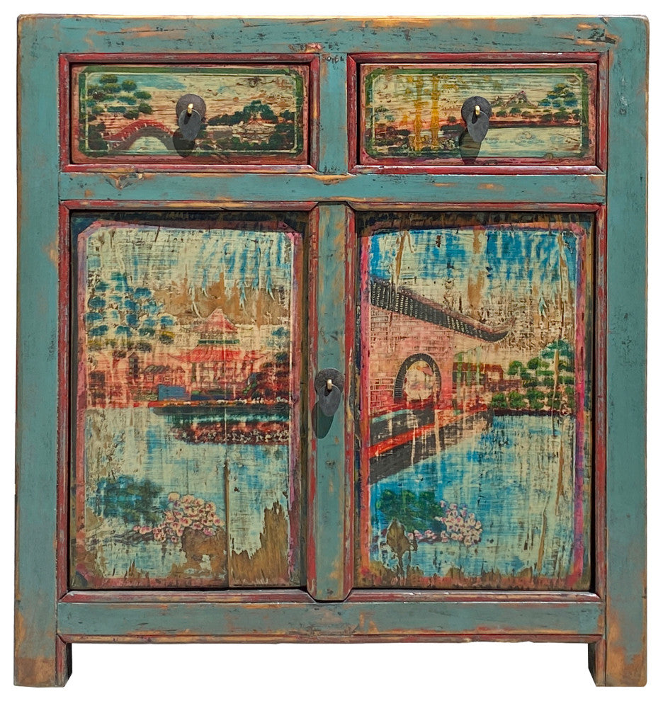 Chinese Distressed Turquoise Blue Old Graphic Credenza Cabinet Hcs7312