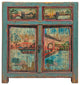 Chinese Distressed Turquoise Blue Old Graphic Credenza Cabinet Hcs7312
