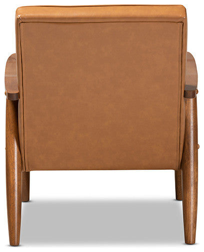 MCM Tan Faux Leather Upholstered and Walnut Brown Finished Wood Lounge Chair