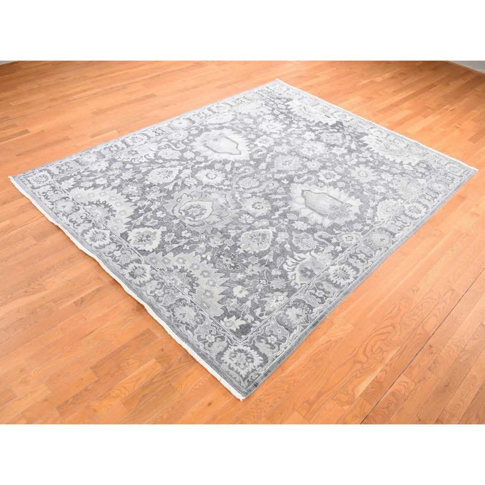 Thunder Gray, Hand Knotted Oushak Influence Silk Wool Oriental Rug, 7'9"x10'