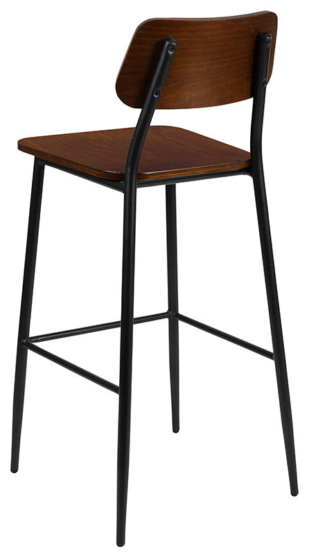 Industrial Barstool with Gunmetal Steel Frame and Rustic Wood Seat
