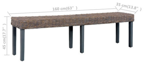 vidaXL Bench Dining Bench Seat Gray Natural Kubu Rattan and Solid Mango Wood