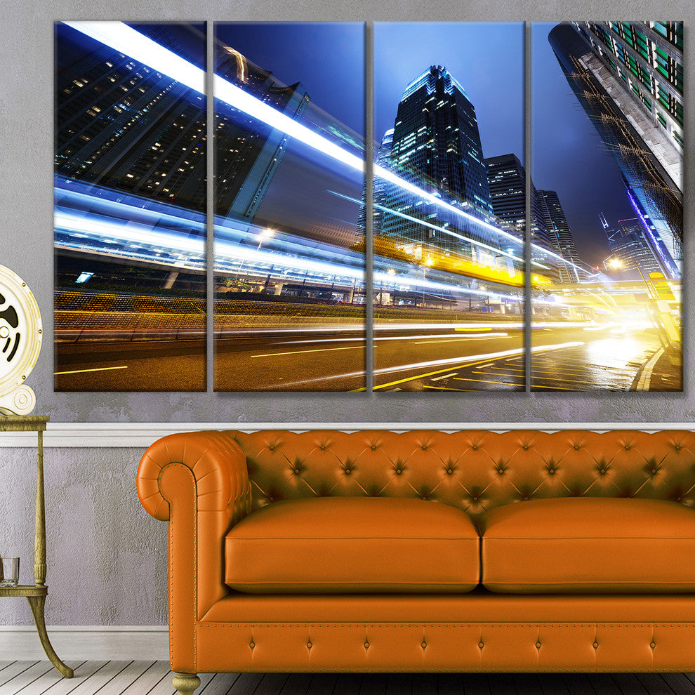 Traffic In Hong Kong at Night, Cityscape Canvas Art Print, 48"x28", 4 Panels