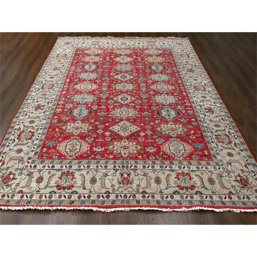 Auburn Red Hand Knotted Pure Wool Karajeh Design Oriental Rug, 9'3"x11'11"