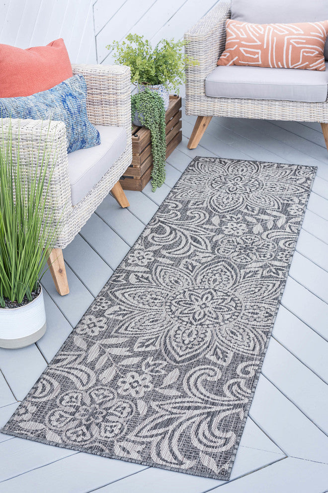 Savine Transitional Floral Charcoal Light Gray Indoor/Outdoor Runner Rug 3x8