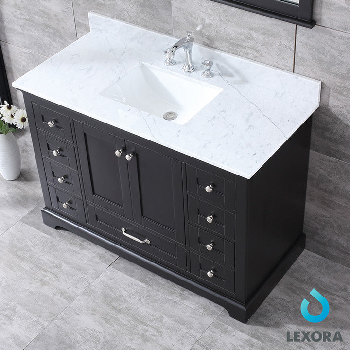 Dukes 48" Vanity, Wht Carrara Marble Top & 46" Mirror w/ Faucet, Espresso