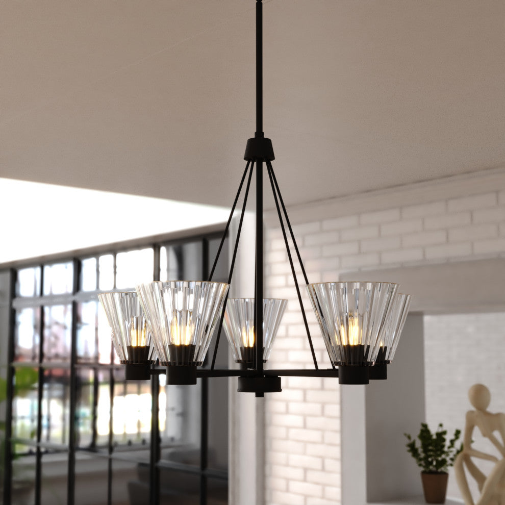 Dalton 5-Light Matte Black Chandelier, Clear Glass Shade, Pendant Fixture
