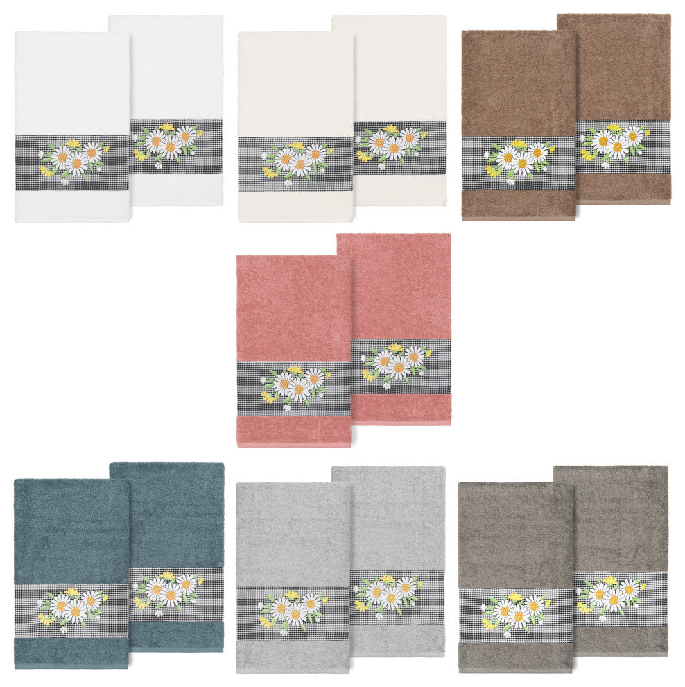 Linum Home Turkish Cotton Daisy 2-Piece Embellished Bath Towel Set, Cream