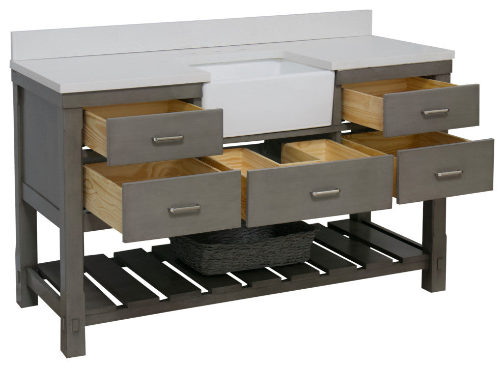 Charlotte 60" Bathroom Vanity, Weathered Gray, Quartz, Single