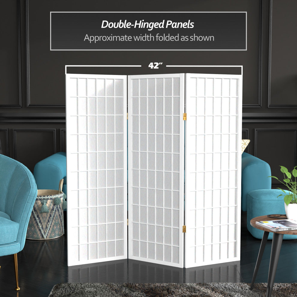 4' Tall Window Pane Shoji Screen, White, 3 Panels