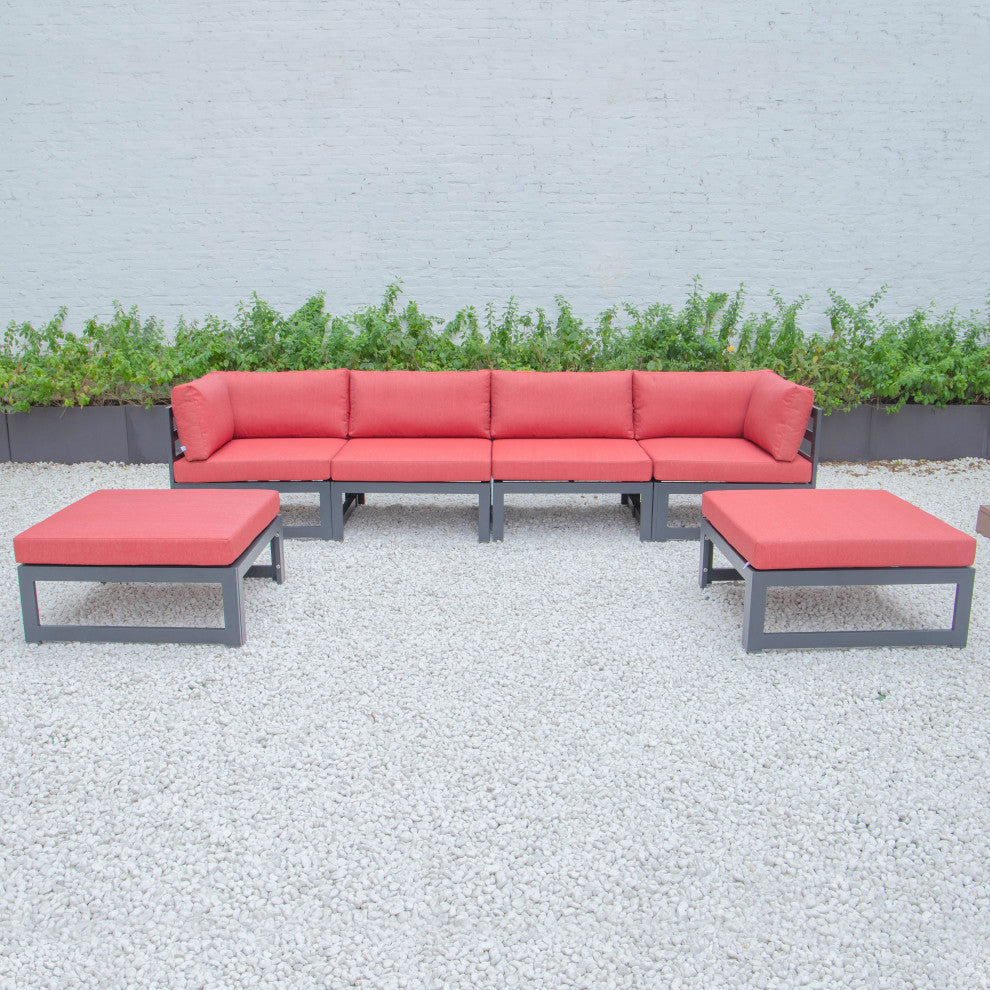LeisureMod Chelsea 6-Piece Patio Ottoman Sectional Black Aluminum, Red