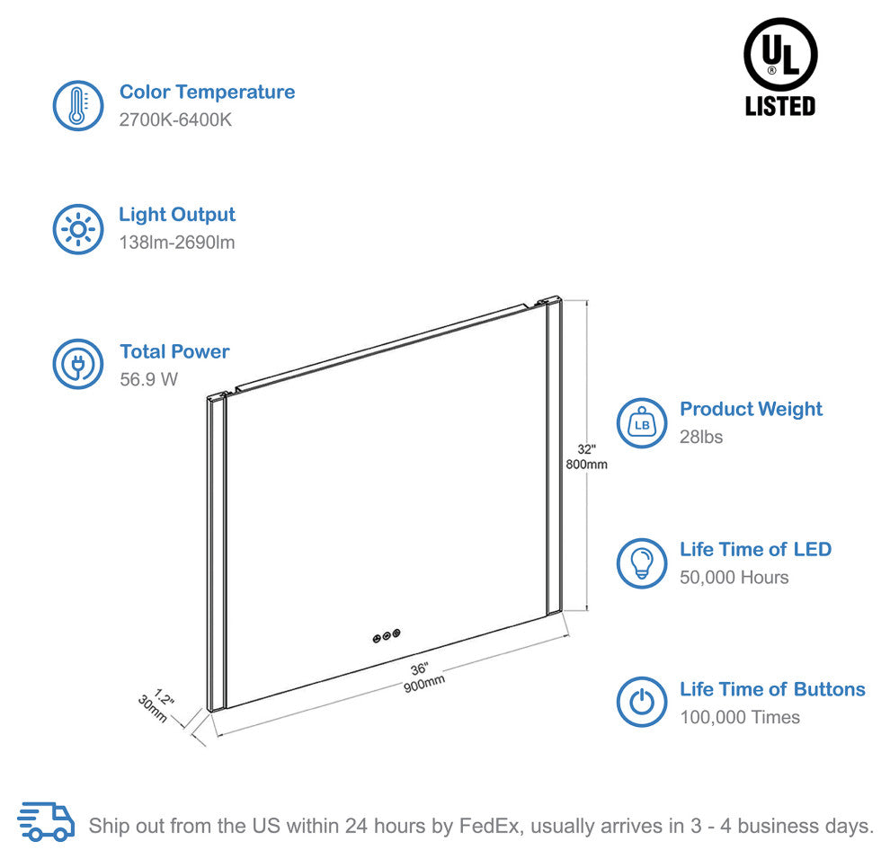 LED Antifog Bathroom Mirror, Dimmer, Adjustable Color, Brush Gold, 36x32