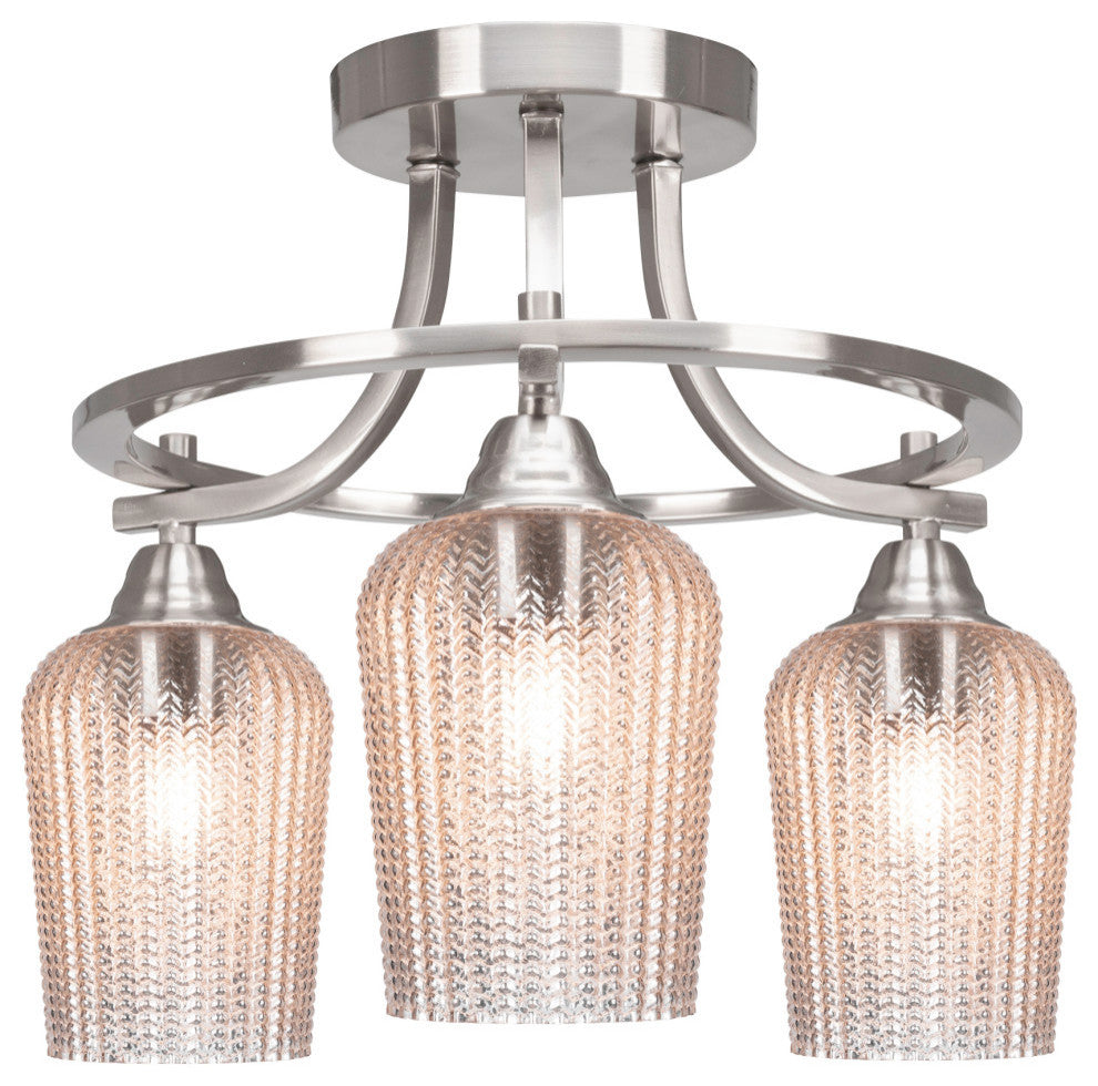 Paramount 3-Light Semi-Flush Light, Brushed Nickel, 5" Silver Textured Glass