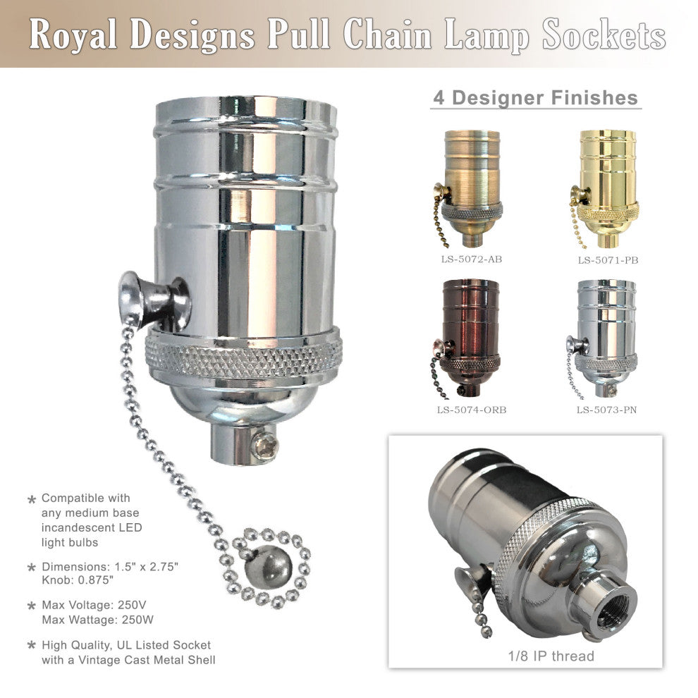 Royal Designs, Inc. Vintage Pull Chain Lamp Socket, Polished Nickel, Set of 10