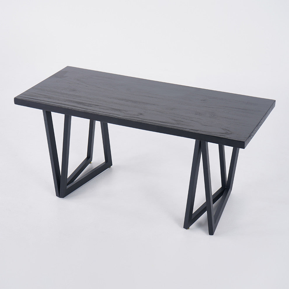 63" Rectangular Dining Table Black Solid Wood Table Top Square Metal Base, Black