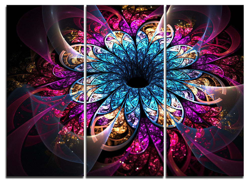 "Fractal Flower Blue Red Digital Art" Metal Wall Art, 3 Panels, 36"x28"