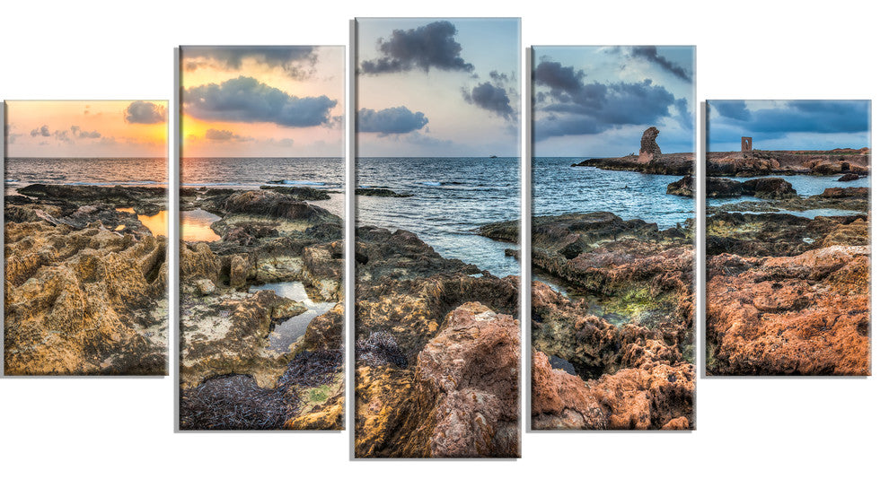 "Rocky Blue Seashore Sunset" Seashore Canvas Art, 60"x32", 5-Panels