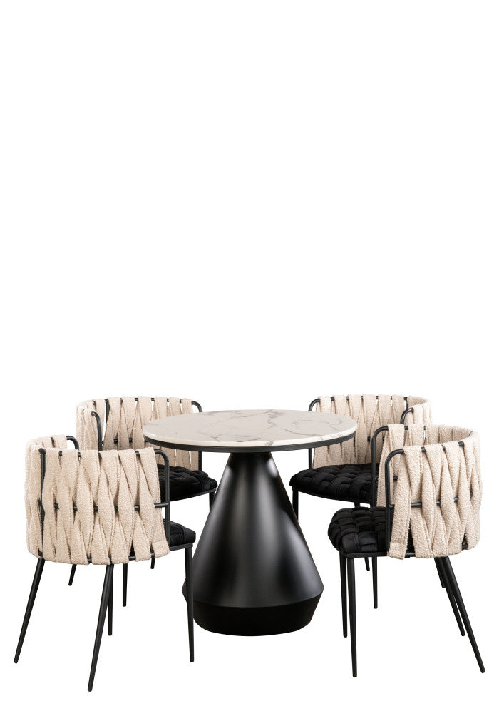 5-Piece Gigi Marble Top Dining Set in Black, Black and White