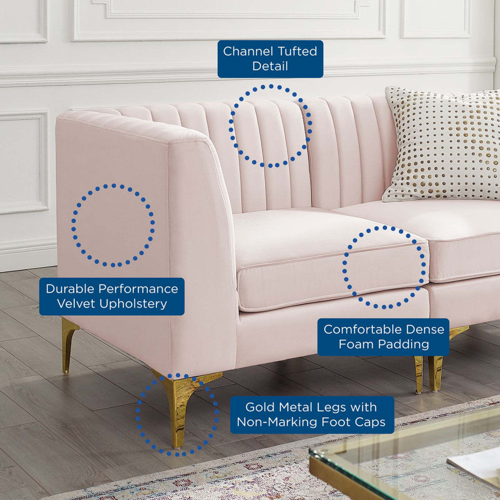 Tufted Sectional Sofa Set, Velvet, Pink, Modern, Living Lounge Hotel Hospitality