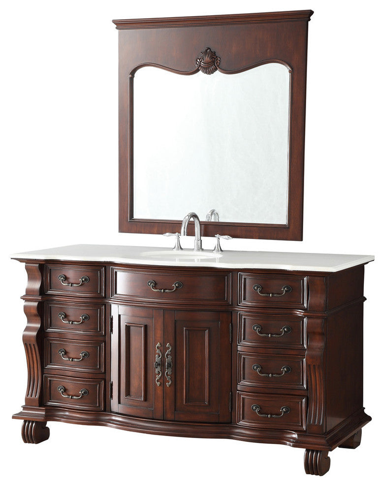 60 inch Cherry Wood Hopkinton Bathroom Sink Vanity White Marble Top