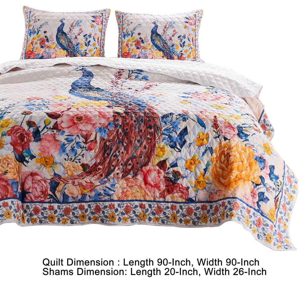 Benzara BM280421 3 Piece Full Quilt Set, Peacock, Floral Print, Multicolor