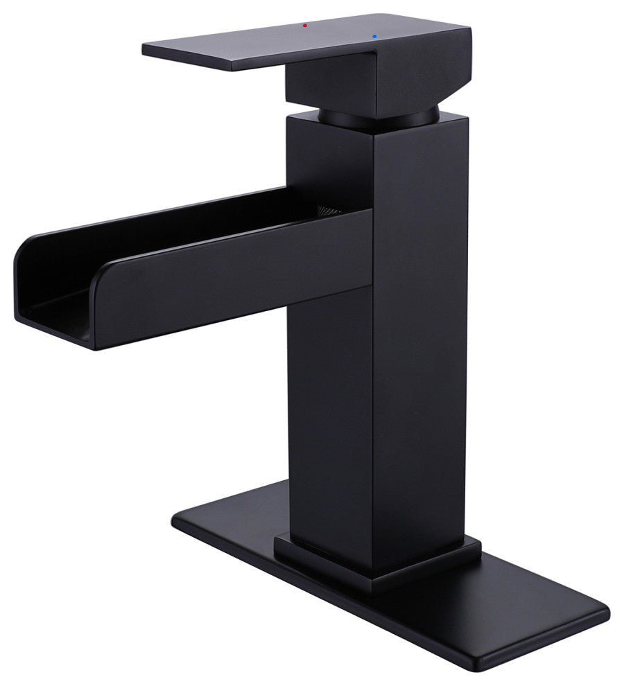 Waterfall Single Hole Bathroom Faucet with Deck Plate, Matte Black