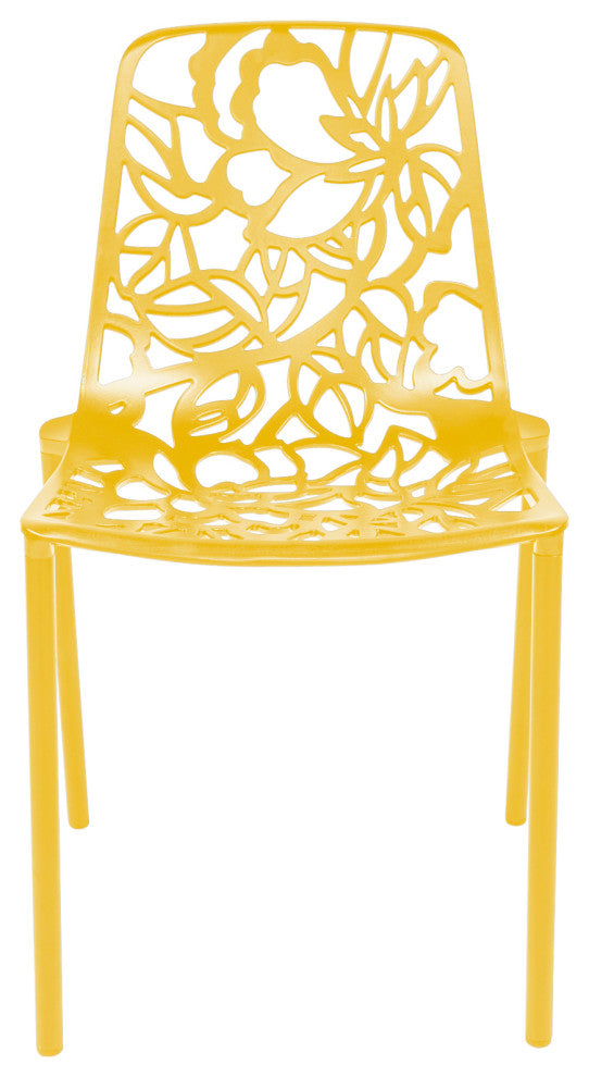 LeisureMod Devon Modern Outdoor Stackable Aluminum Dining Chair, Set of 2, Yellow