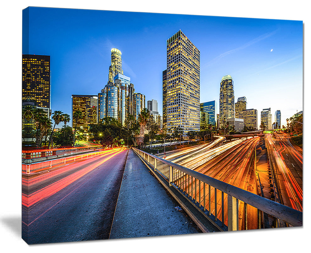"Downtown La With Traffic Trail" Cityscape Canvas print, 20"x12"