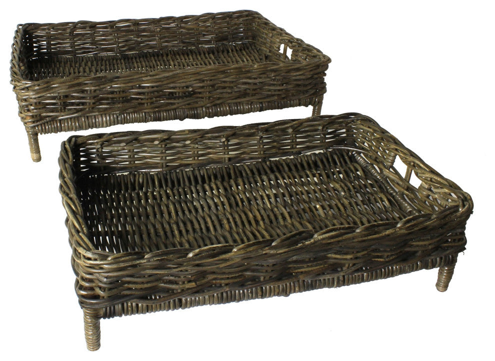 Set of Two Brown Rattan Trays