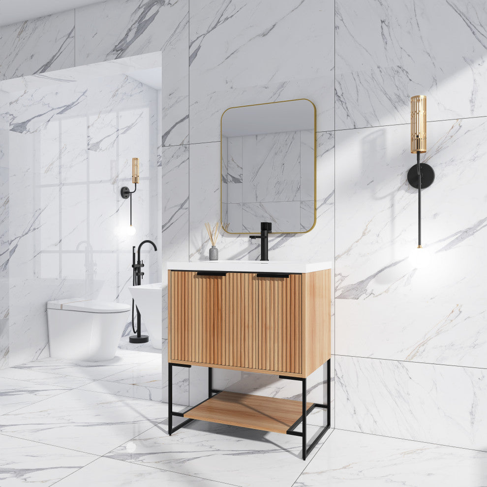 Plywood Freestanding Bathroom Vanity Set with White Ceramic Sink , Maple, 30