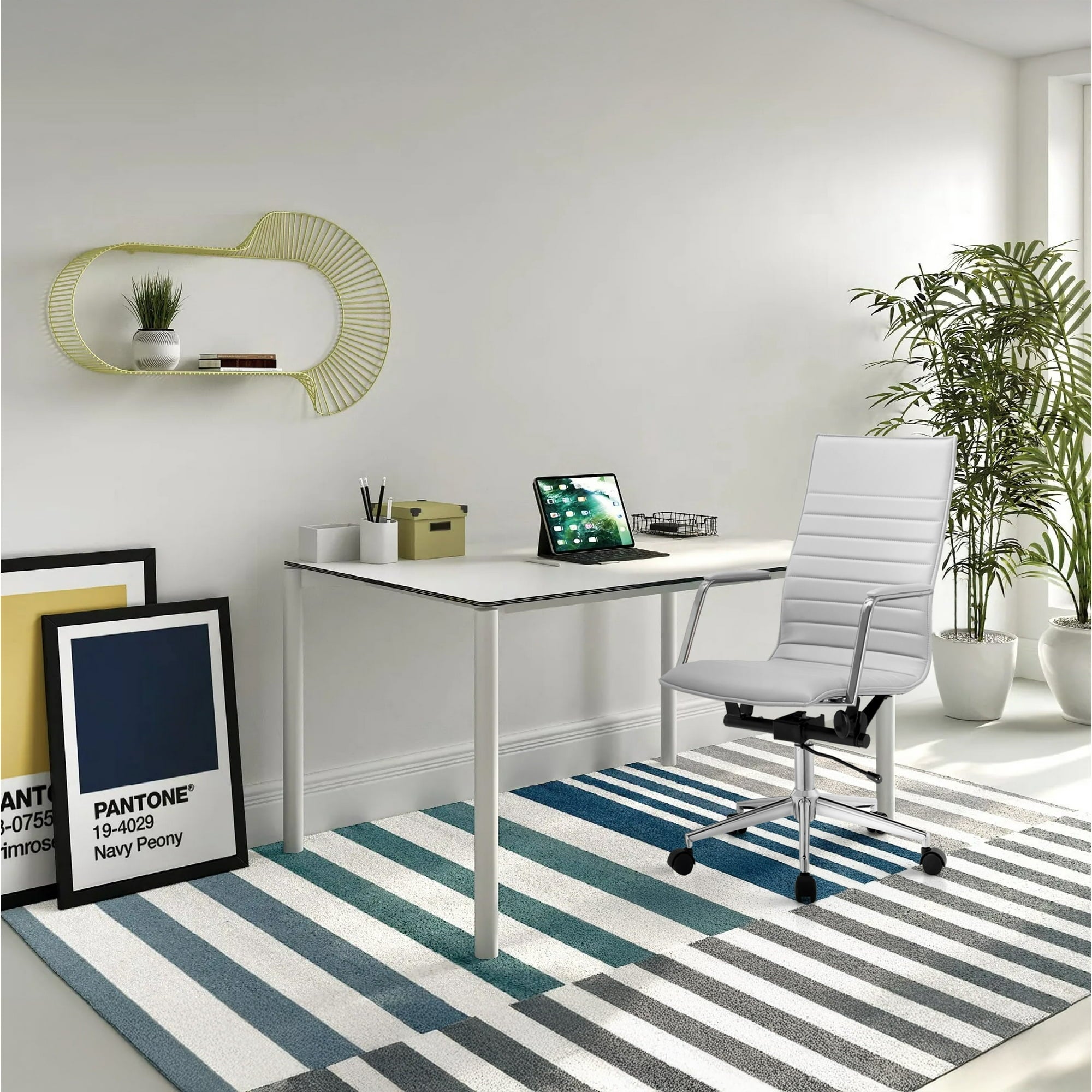 High Back Office Desk Chair, Ribbed PU Leather Computer Armchair, White