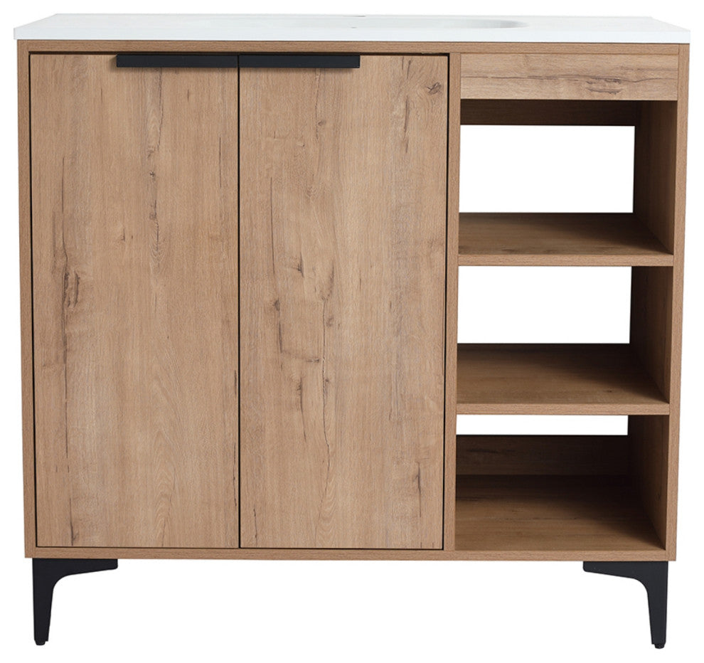 Single Vanity, Neutral Finish With Solid Surface Resin White Sink, 36"