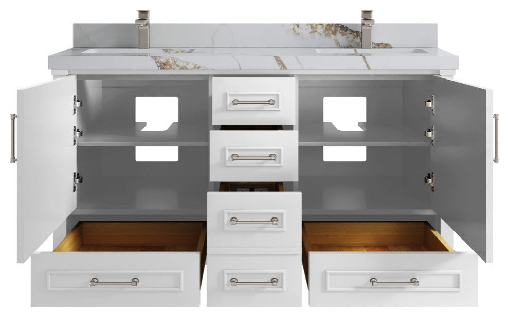 Aberdeen 60 Double Bathroom Vanity in White 2" Calacatta Gold