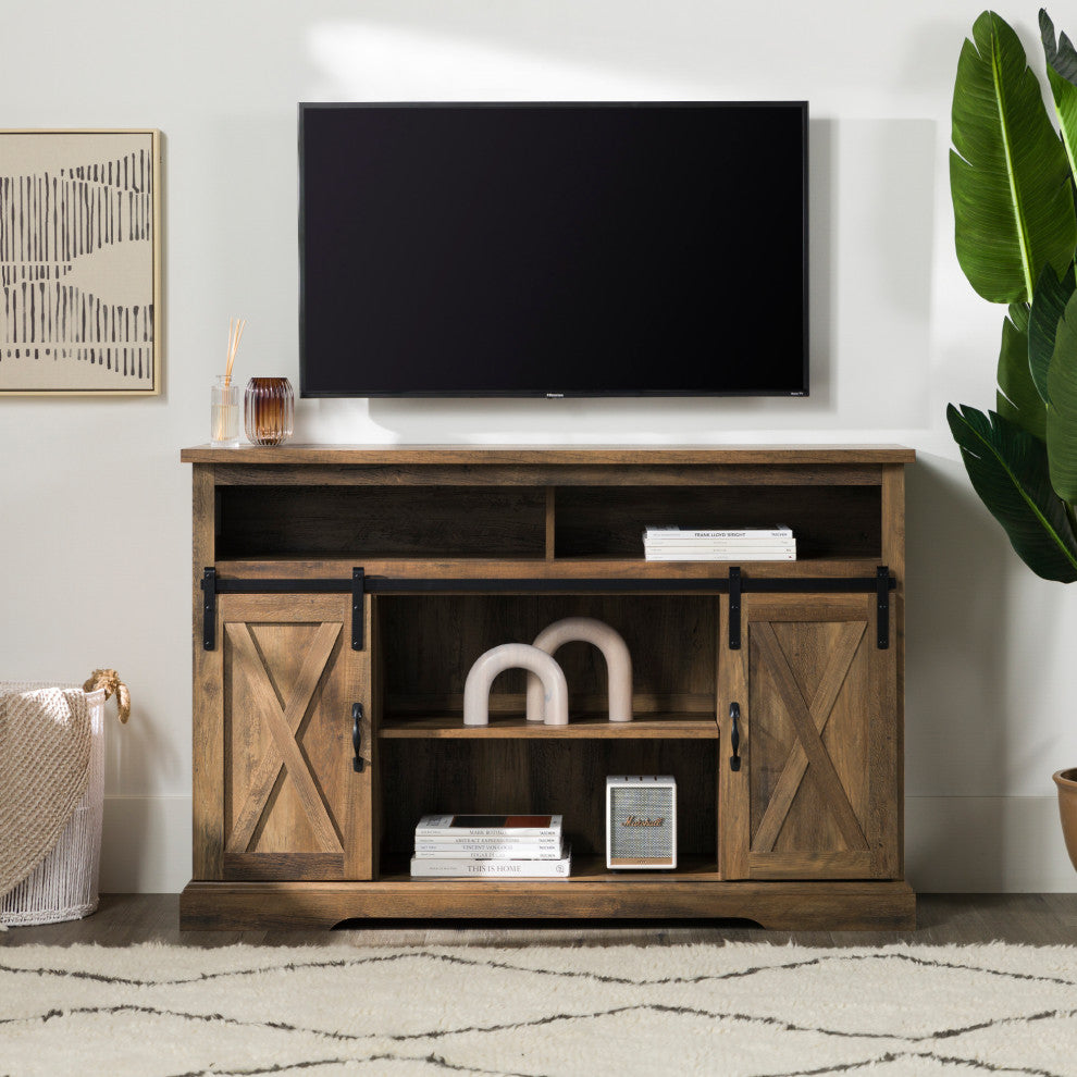52" Modern Farmhouse Sliding Barn Door Highboy TV Stand, Rustic Oak