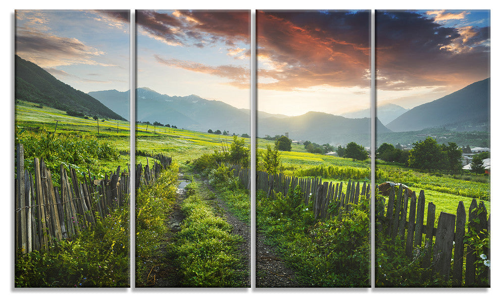 Green Georgian Mountain Valley, Landscape Canvas Art Print, 48"x28", 4 Panels