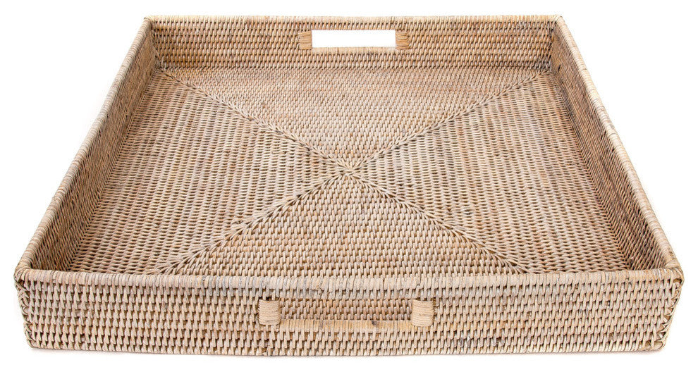 Artifacts Rattan™ Square Ottoman Tray with Cutout Handles, White Wash, 24"x24"