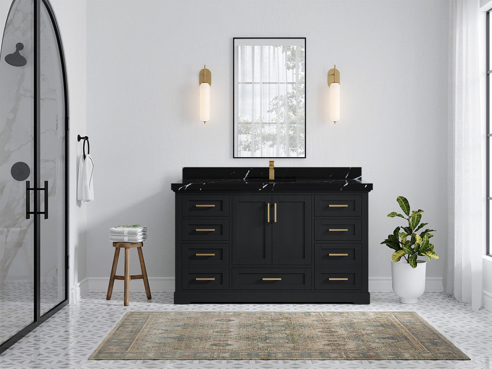 Boston 60" Single Bathroom Vanity, Wrought Iron 2" Calacatta Black