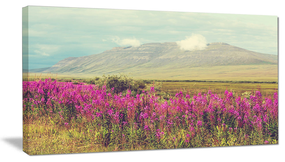 Purple Flowers and Distant Mountains, Floral Canvas Art Print, 32"x16"