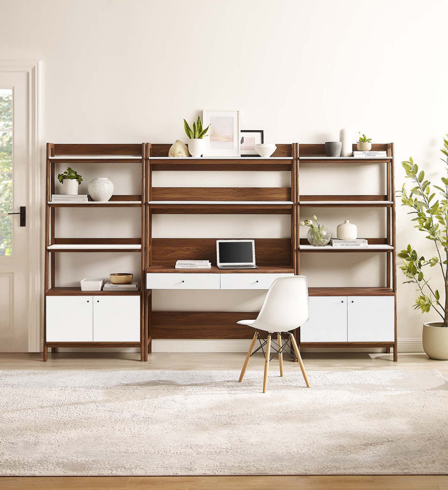 Bixby 3-Piece Wood Office Desk and Bookshelf, Walnut White