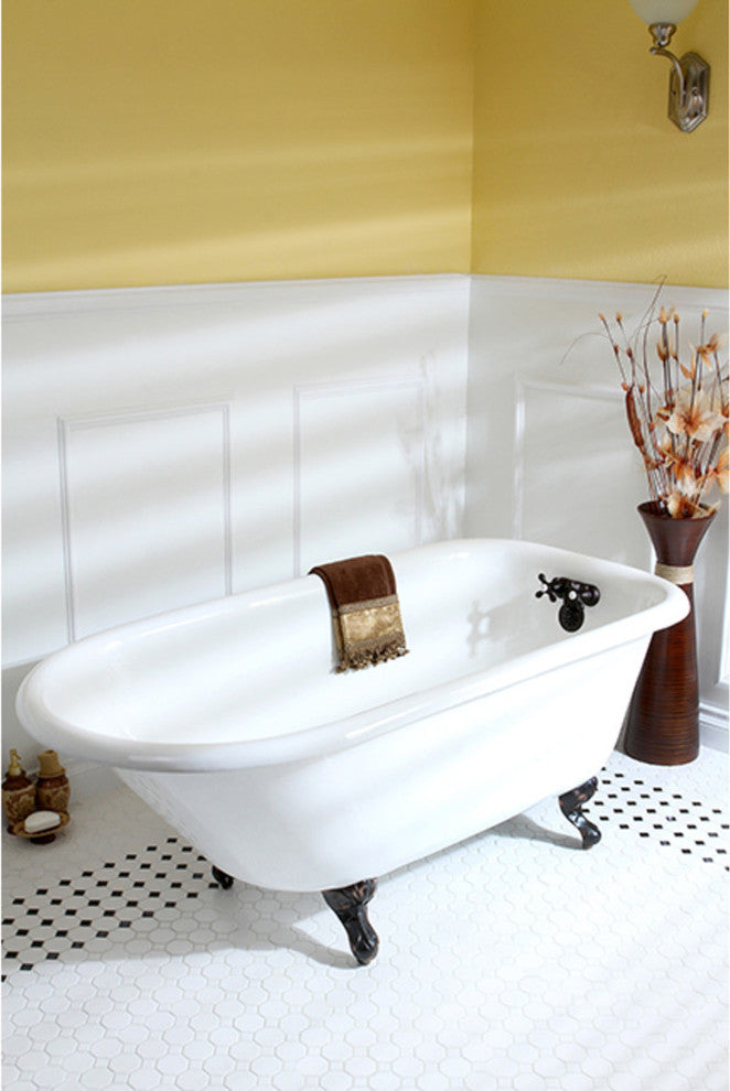 60" Roll Top Clawfoot Tub w/3-3/8" Wall Drillings, White/Oil Rubbed Bronze