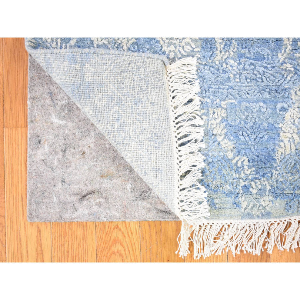 Hand Knotted Blue Modern Pure Silk with Wool Oriental Rug, 6'0" x 9'3"