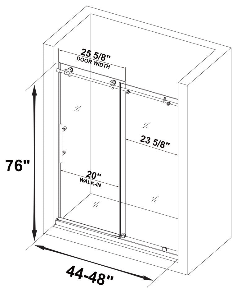 WoodBridge Frameless Brushed Stainless Steel Sliding Shower Door, 44"-48"x76"