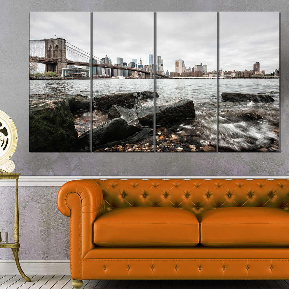 Brooklyn Bridge with Rocks on Shore, Cityscape Canvas Print, 48"x28", 4 Panels
